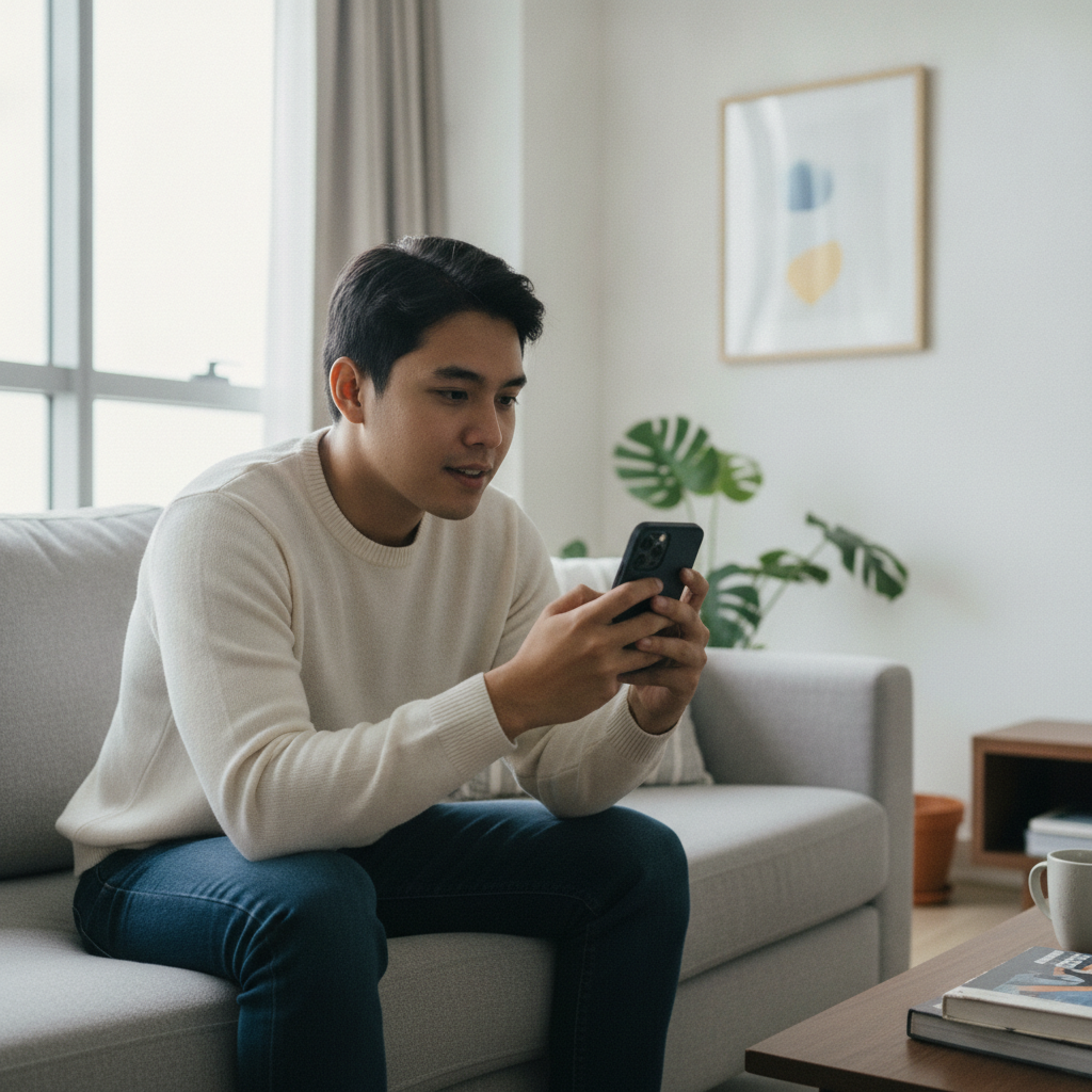 Filipino player learning to use online casino on smartphone at home